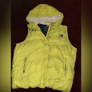 American eagle neon yellow puffer vest fur lined hood women’s XL